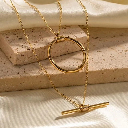 Adornia - Aranyszínű dupla soros nyaklánc geometrikus medállal